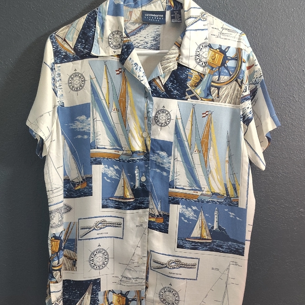 Liz Claiborne Vintage Nautical Print Button Down Shirt - Blue and White